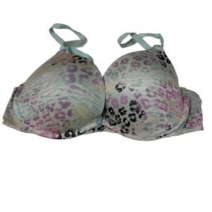 PINK Victorias Secret 34C Campus Pushup Bra Padded Leopard Gray Blue Green #3316
